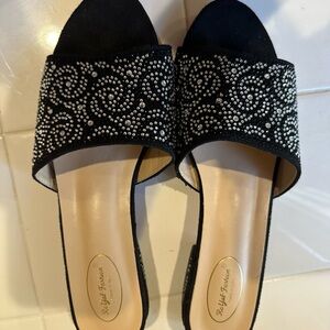 Black Sandals embellished, bling rhinestone Mules, size 8